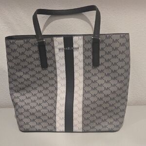 Michael Kors Gray and Black MK Logo Tote with Center Stripe
